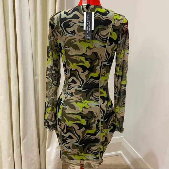 H&M Khaki Green/Patterned Mini Dress, Tie-Up, Mesh, Defined Seams, Women’s, US M - Picture 12 of 13
